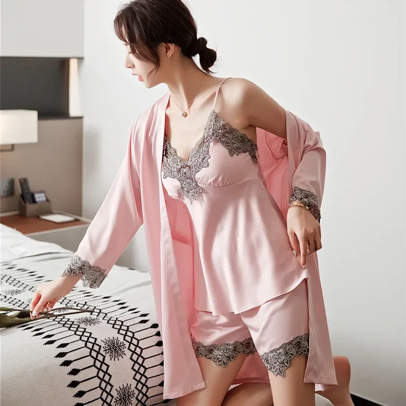 5PC Women Home Nightwear Spring Nightdress Lady Lace Satin Pajamas Gown Set Silk Robe Sleep Suit V-Neck Cami Nighties Wear