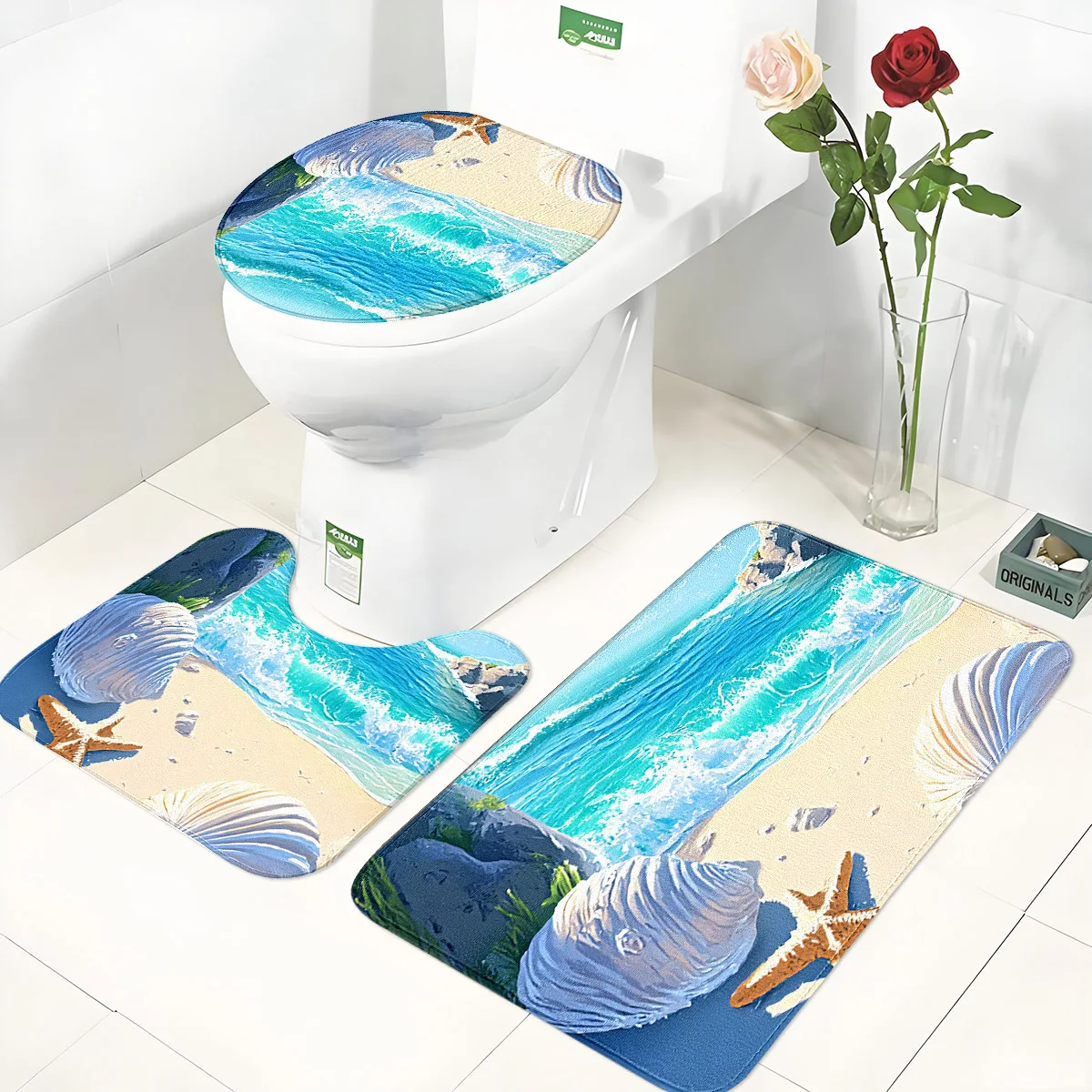 Fresh Seaside Beach Bathroom Floor Mat Three-Piece Set with Sea Wave, Shell, and Starfish Print, Toilet Seat U-Shaped Mat Non-Slip Set