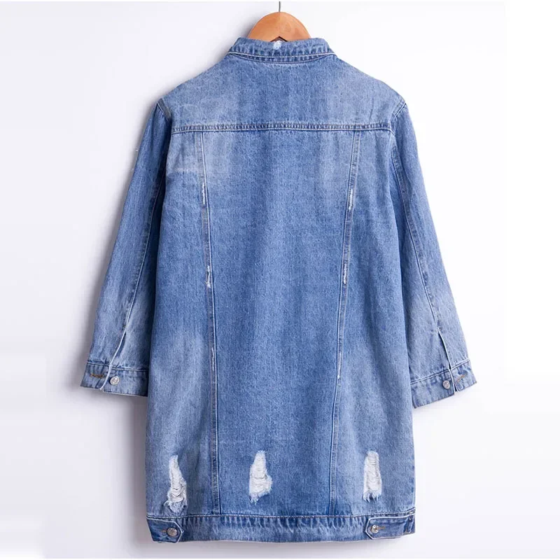 Women Ripped Hole Boyfriend Oversize Light Blue Long Denim Jacket Spring Autumn Loose Long Jeans Coat Jean Jackets