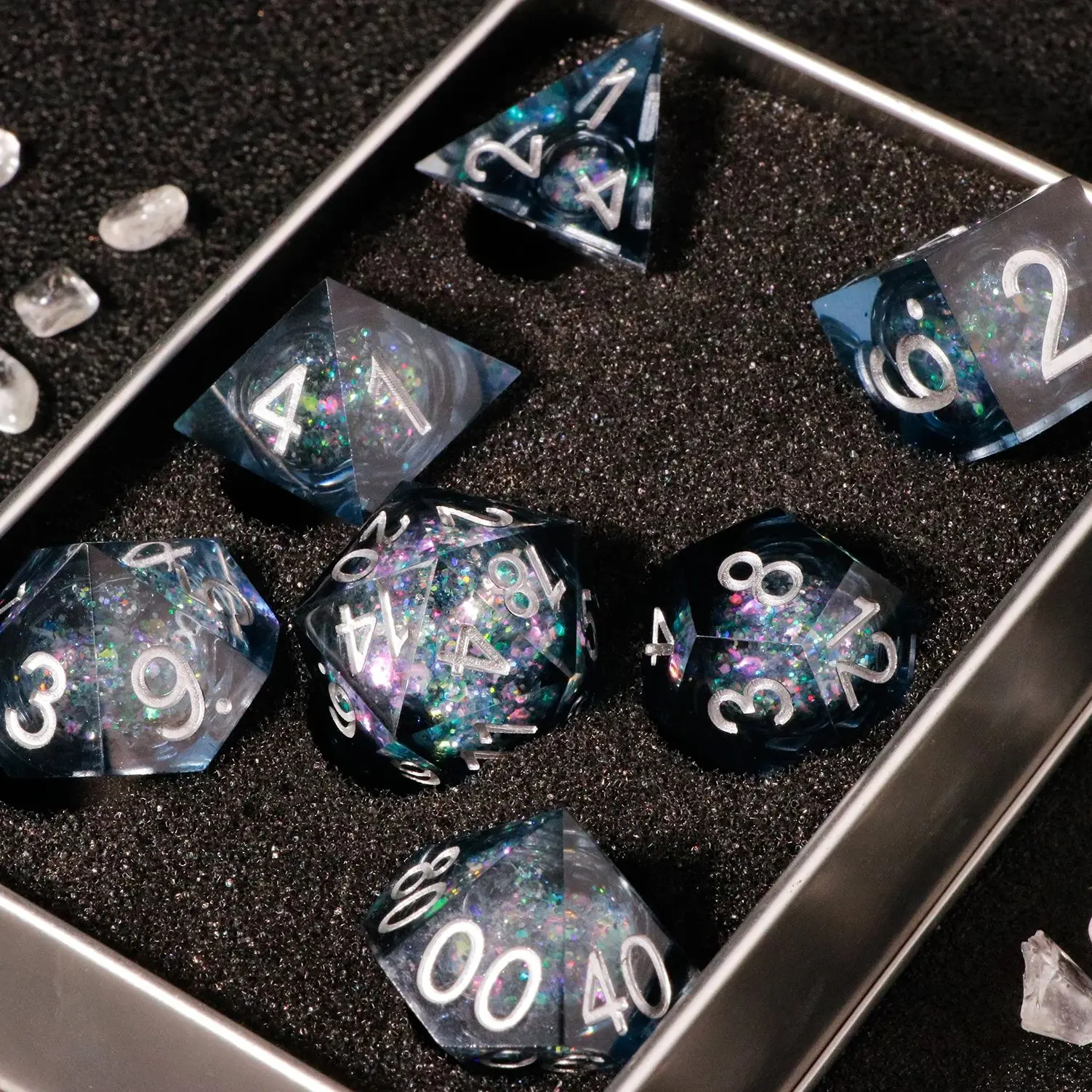 Handmade Sequin Liquid Core DnD Sharp Edge Dice, Polyhedral Dice Set for Dungeons and Dragons, Galaxy RPG Dice Set, d d dice