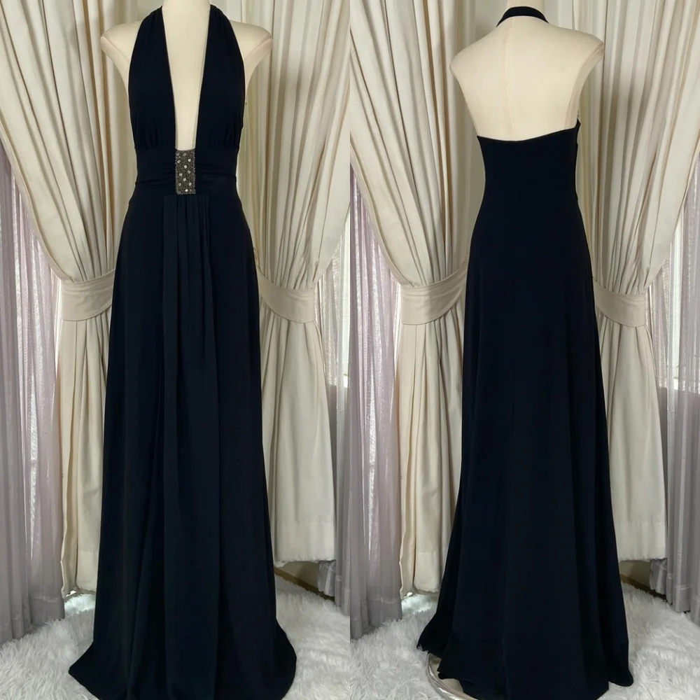 

Customized Temperament Black Jersey Evening Dress High Quality Halter Deep V-Neck Open Back Sweep Train Special Occasion Gowns