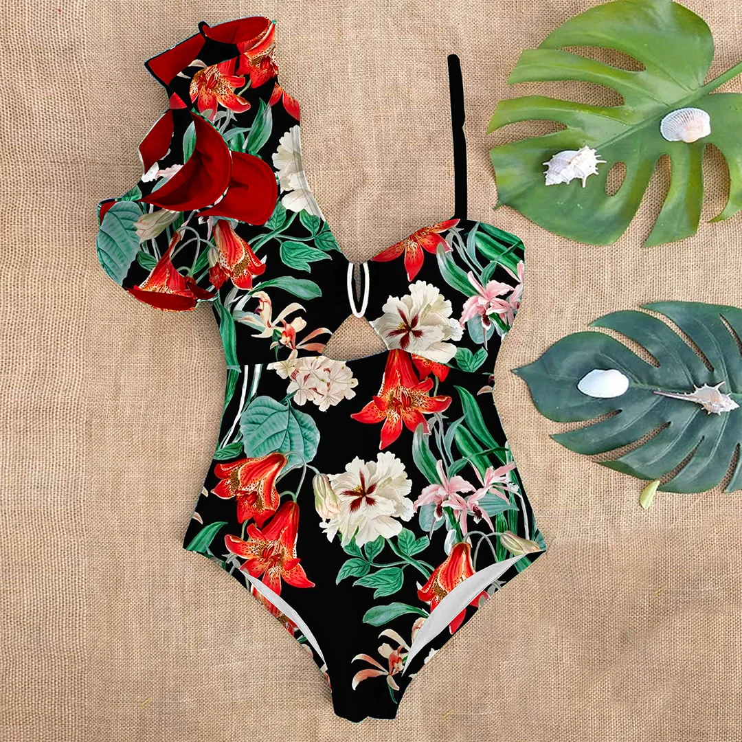 Sexy One Shoulder Ruffle One Piece Swimsuit Print Floral Swimwear Women Swimsuit V Neck Bathing Suit Beachwear Monokini Female