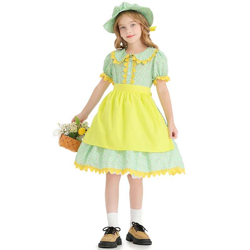 French estate maid Halloween Green floral dress Costume Farm Maid Goose yellow apron for  girls