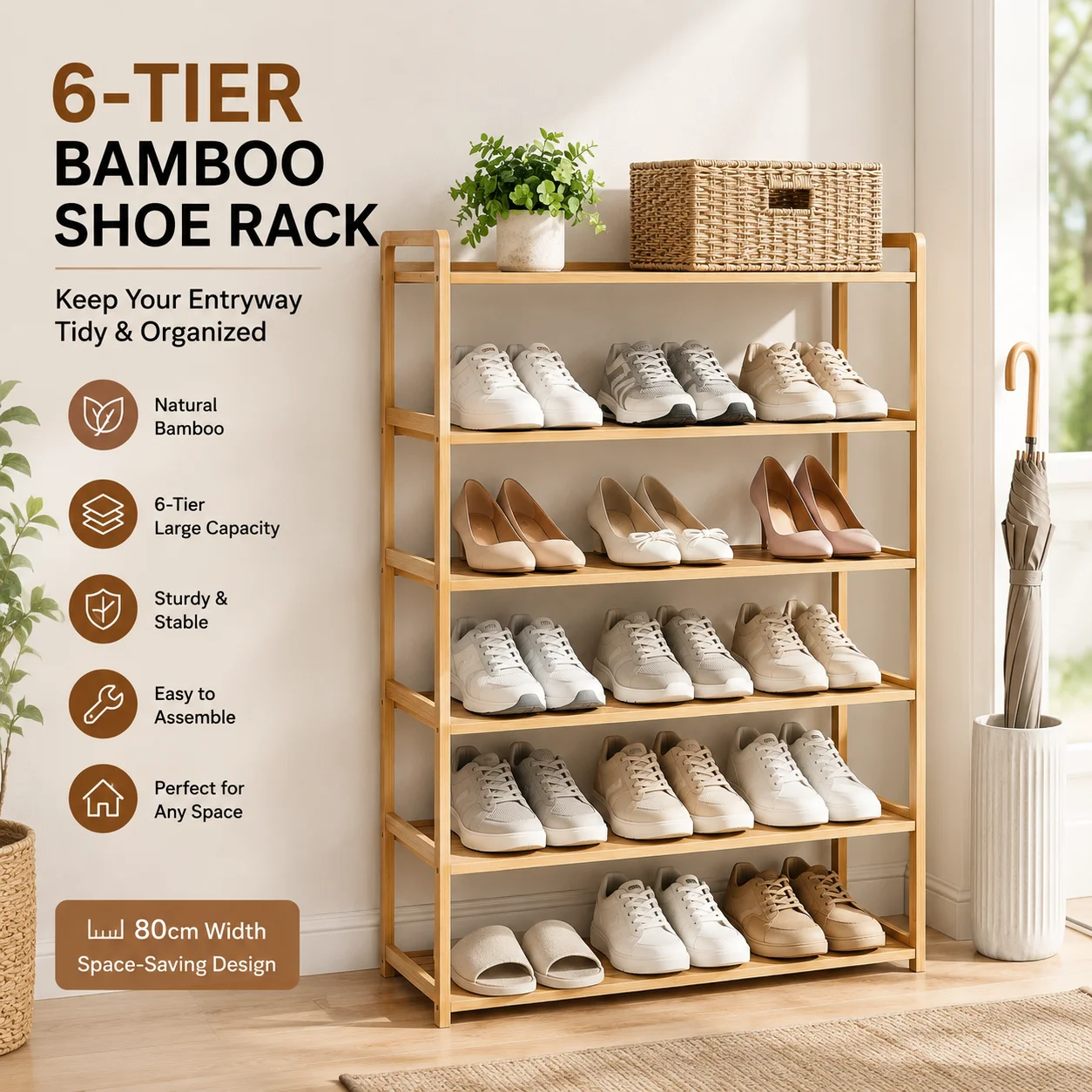 Sturdy 6-Tier Natural Bamboo Shoe Rack Organizer