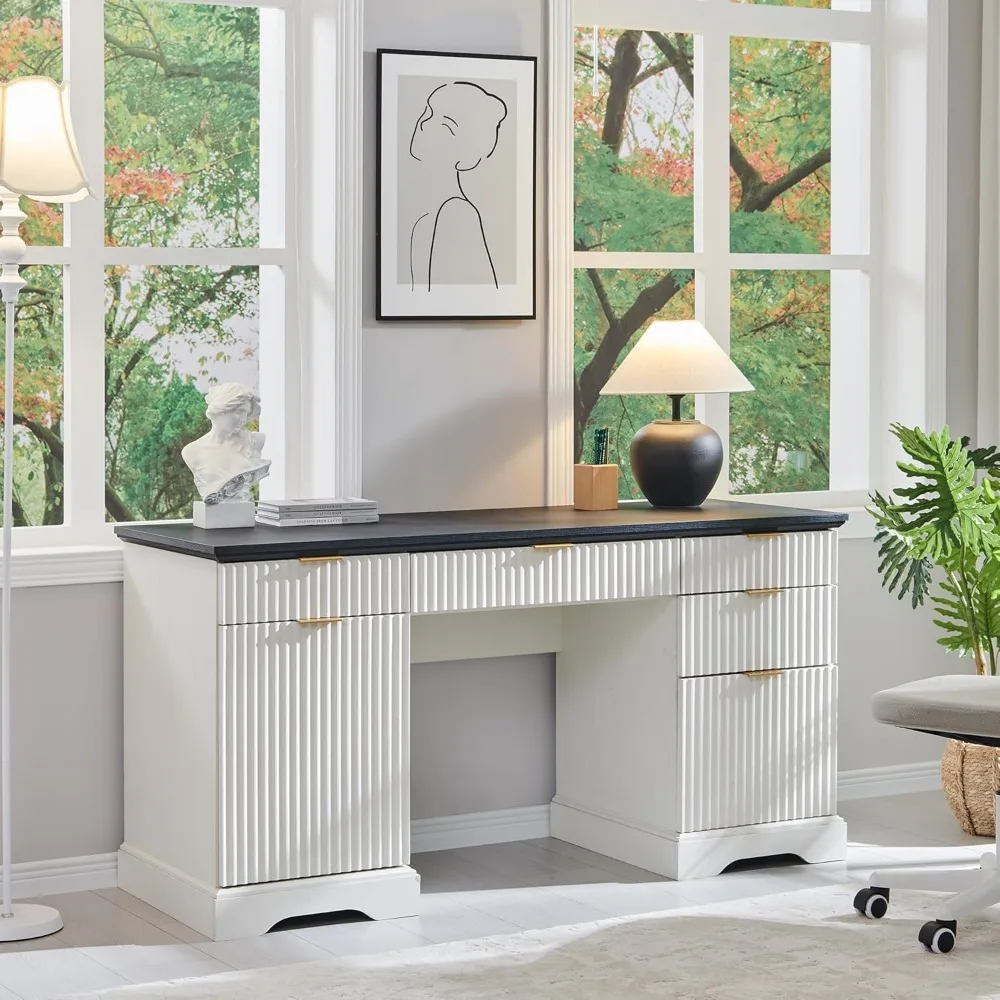 مكتب تنفيذي حديث مقاس 58 بوصة مع مساحة تخزين، مكتب منزلي خشبي مع 5 أدراج وخزانة واحدة، مكتب كتابة كمبيوتر مخدد للمسمار #3