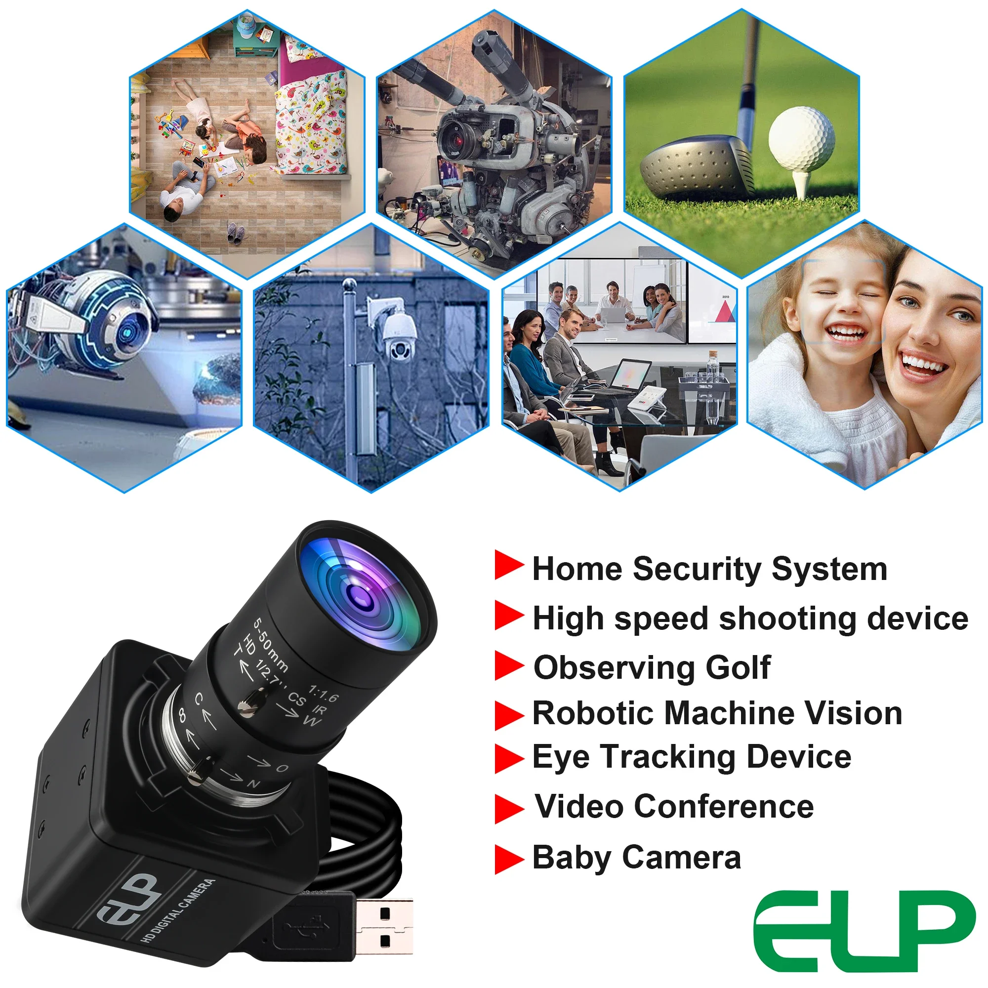 Cámara USB con obturador Global ELP de 5MP, Zoom 10X, cámara web de alta velocidad de 5MP, 50FPS, 1080P, 60FPS para inspección Industrial, monitoreo de tráfico