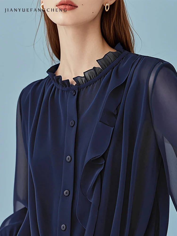 Loose Plus Size Womens Long Sleeve Ruffles Blue Chiffon Blouse 2024 Summer Autumn Tops Female Casual Working Shirts