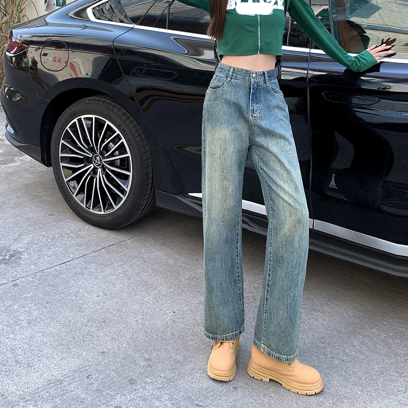 

Blue Jeans Women High Waist American Wide Leg Pants Fashion Y2K Hip Hop Vintage Female Street Straight Summer Solid Trousers