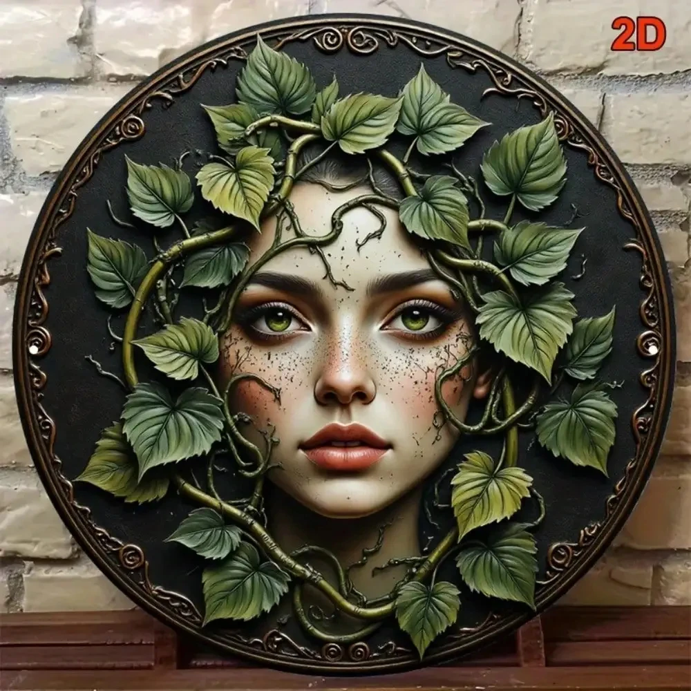 2D Flat Hd Metal Wall Art Fantasy Forest Woman with Green Eyes, Face Covered by Ivy Vines and Green Leaves, Round and Gorgeous