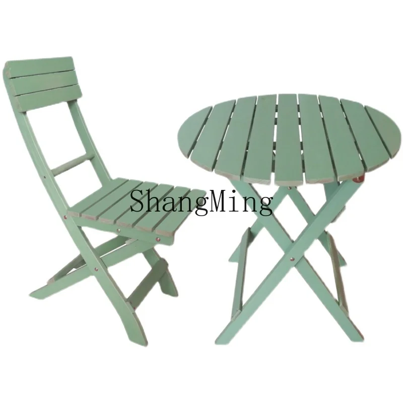 

ZYY solid wood foldable dining table and chairs outdoor balcony portable stall household living room small apartment round table