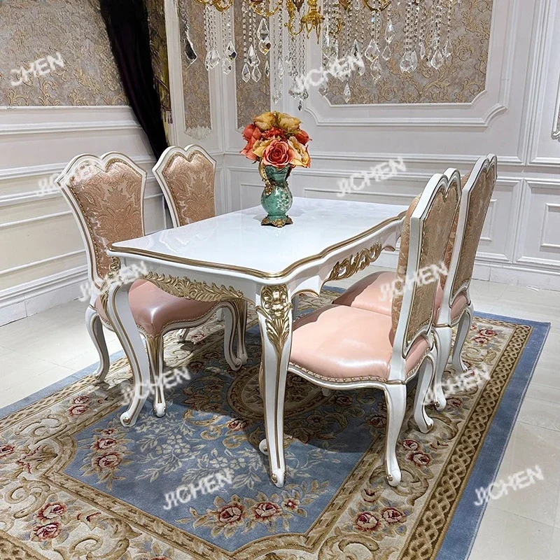 

KL French Solid Wood Dining Table And Chair Combination, European-style Palace Luxury Carved Rectangular Dining Table For 6 Peop