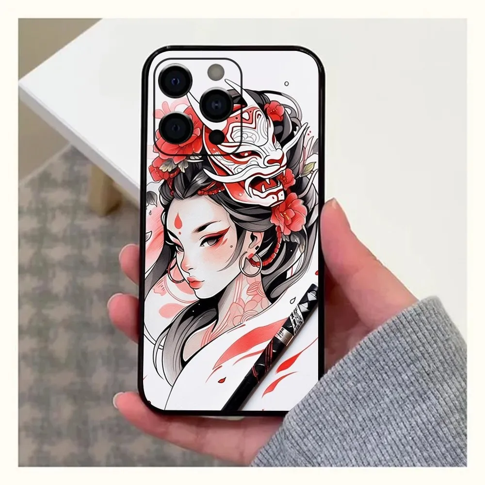 Samurai Warrior Geisha Phone Case For Apple iPhone 15,14,13,12,11,Pro,X,XS,Max,XR,Plus,Mini Soft  black shell