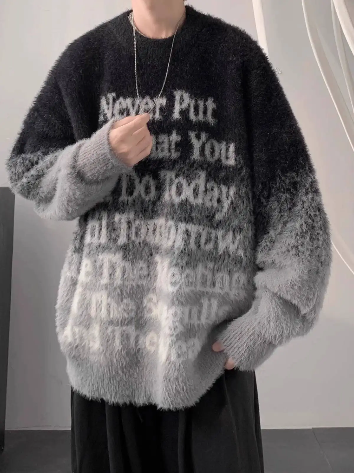 Man Letters Sweater 2025 Autumn Winter Men's Retro Sweater Crew Neck Couple Sweater Thickened Knitwear