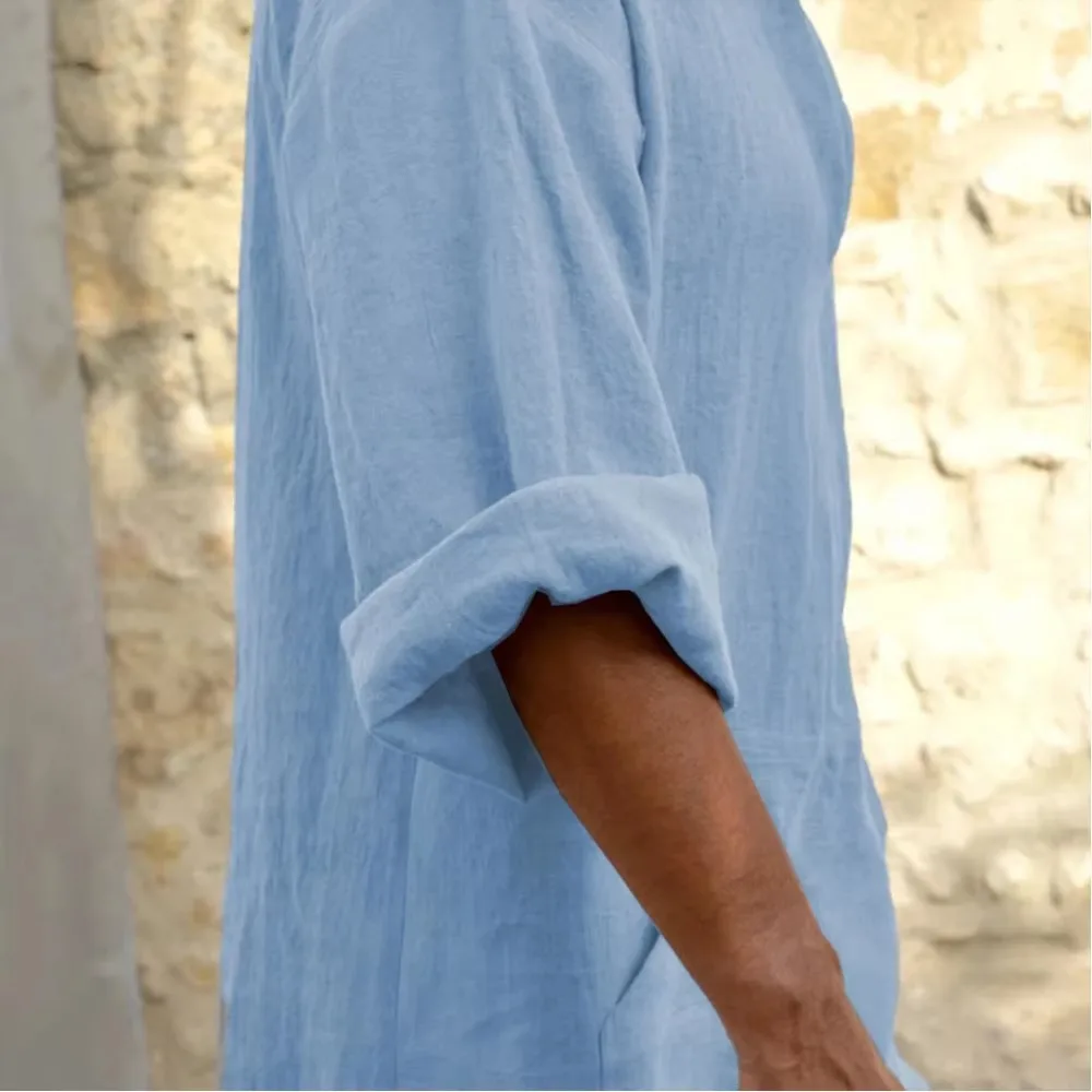 Men's Long Solid Color Linen Muslim V-neck Robe Long Sleeved Pure Cotton Linen Robe Loose and Comfortable Arab Clothing Robe