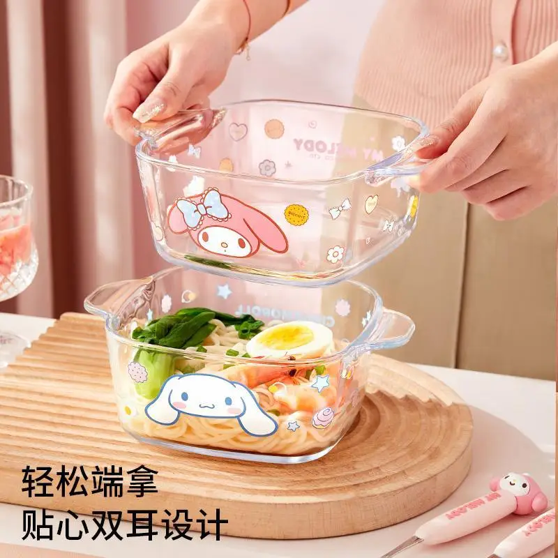 Sanrios Hellokittys Double Ear Glass Bowl Cinnamoroll My Melody Anime 1000Ml Salad Bowl Cute Home Soup Bowl Cartoon Tableware