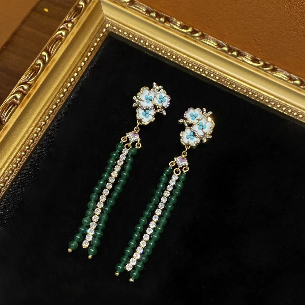 

Medium copper plated 18K vintage gold blue-white enamel floret white green crystal tassel earrings for women jewlry whosale