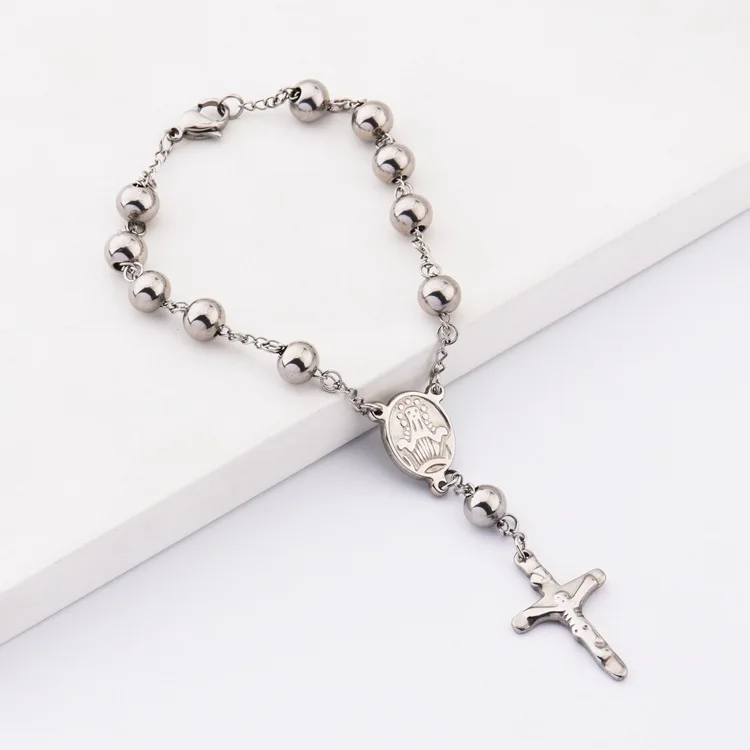 

Stainless Steel Virgin Mary St Benedict Cross Bracelet, Bead Chain Bracelet Unisex Religious Jewelry