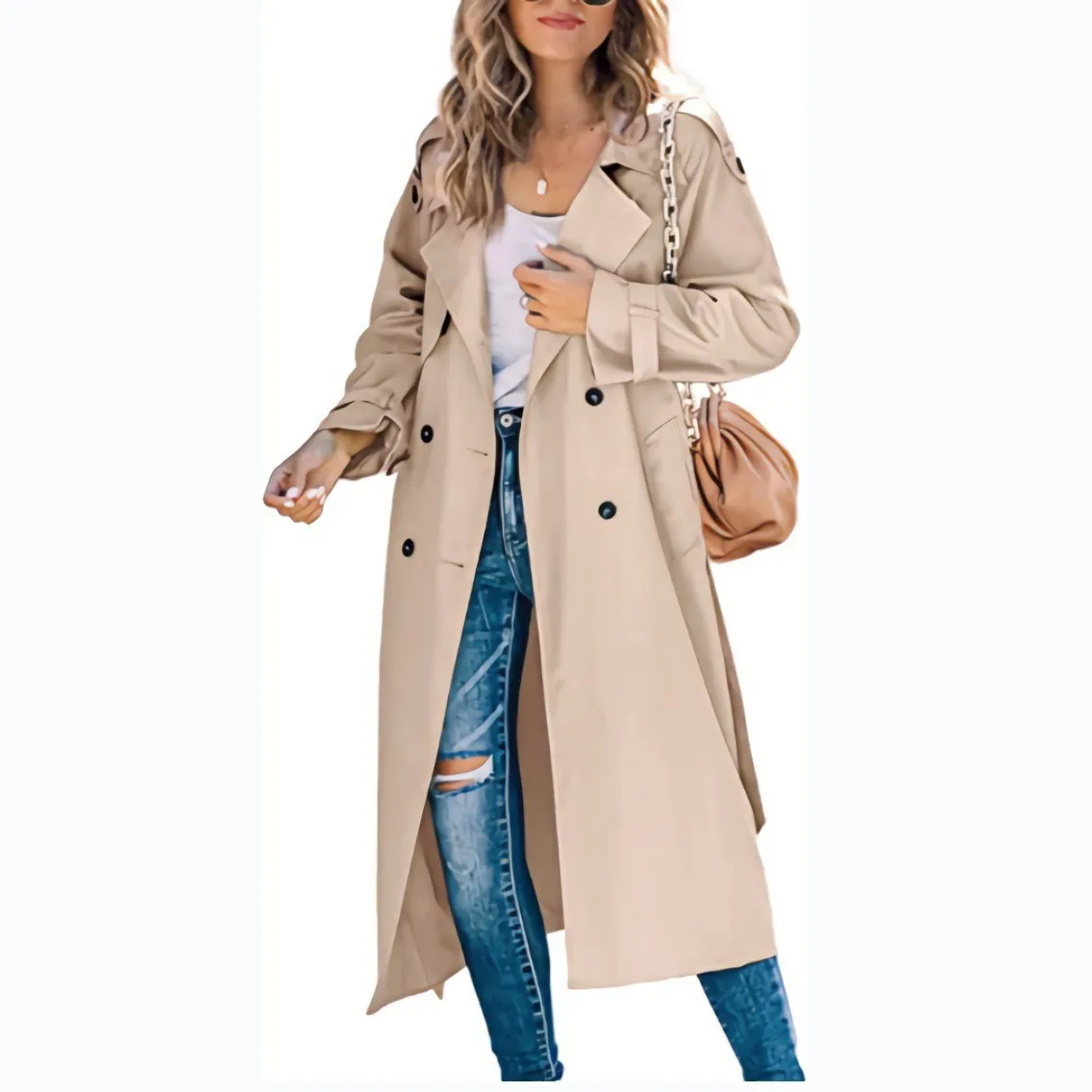 Europe and The United States 2025 New Fashion Solid Color Casual Women's Lapel Long-sleeved Autumn and Winter Trench Coat