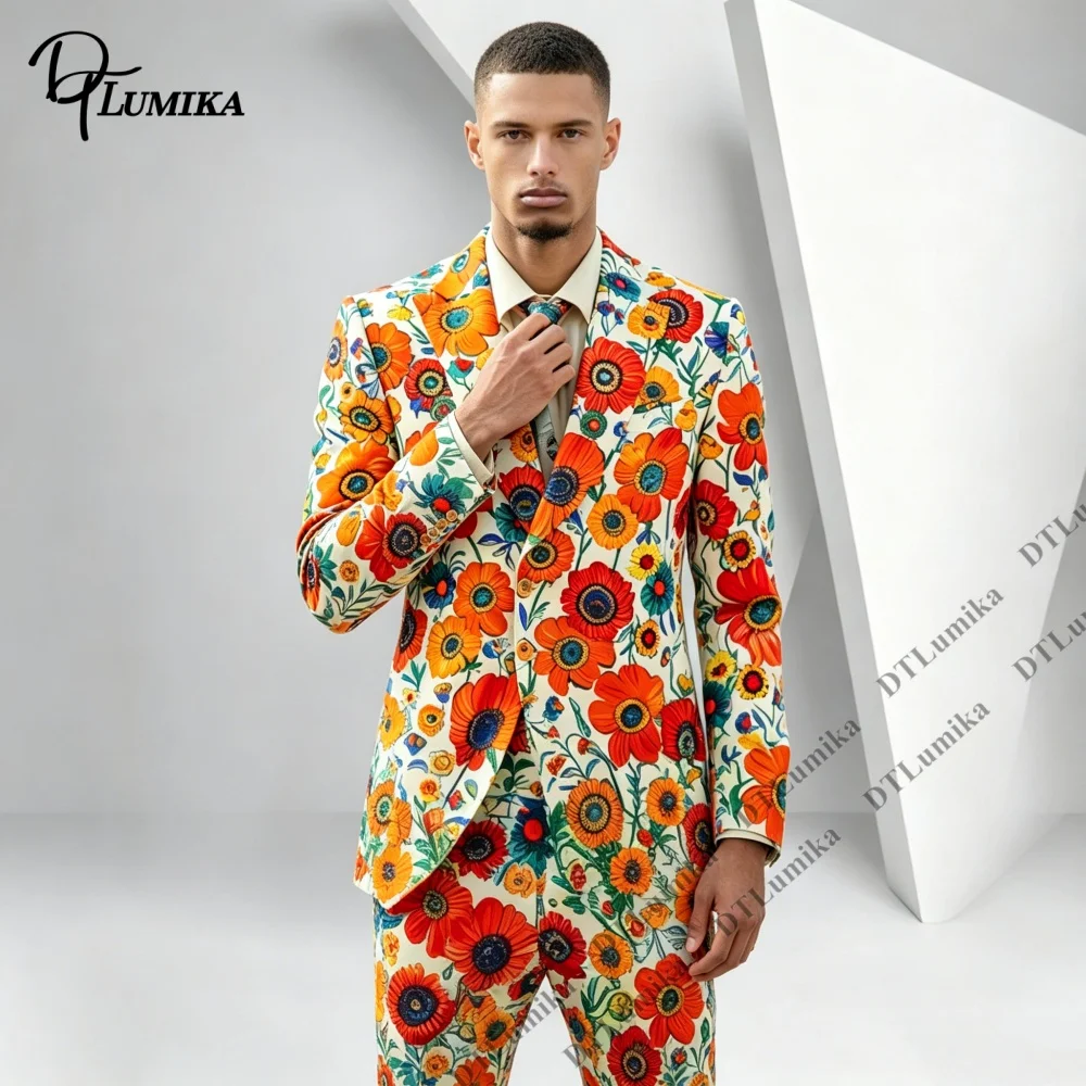 Vibrant Mixed Orange Men 2 Piece Suit Summer Blazer Daisy Floral Full Print Party Prom Outfit for Men from XS-4XL Vocation Suit