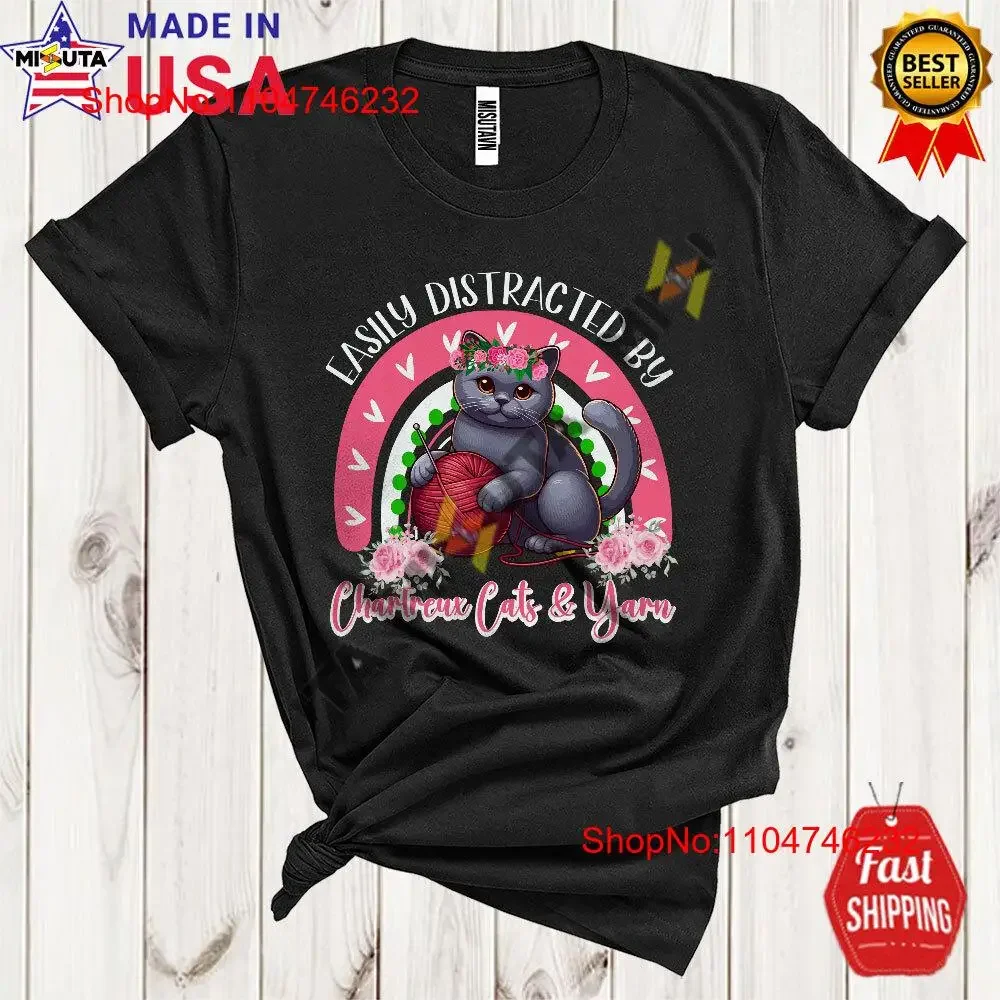 Distraído por gatos Chartreux y hilo adorables flores tejidas Arco Iris camiseta vintage lavado homme Top para uso diario