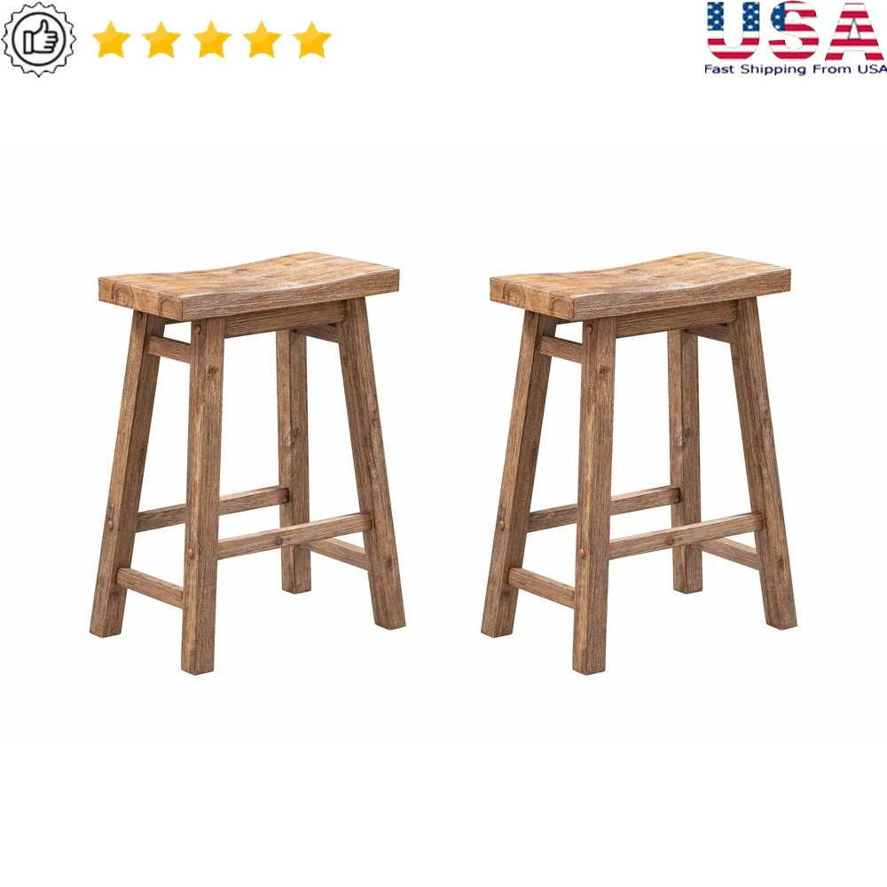 

Set of 2 Rustic Acacia Wood Saddle Counter Stools with Wire-Brush Finish Ergonomic Seat Footrests Indoor Use