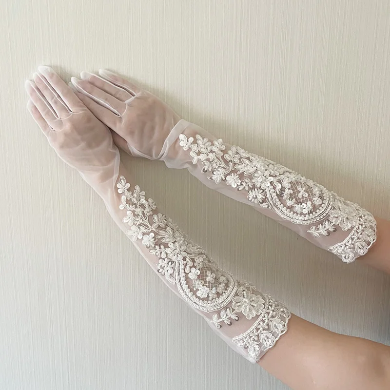 Guantes de malla con bordado de flores, decoración tridimensional, MilkyWhite, cuentas de HandmadeSewing, accesorios de encaje transparente, modelado