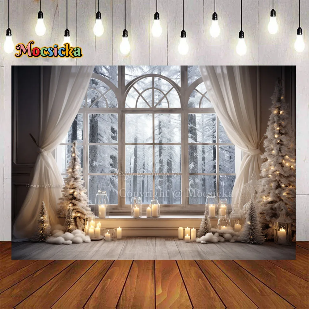 Christmas Room Background Frozen Pine Forest Window Candle Decor Backdrop Photography Kids Family Photo Winter Studio Supplies