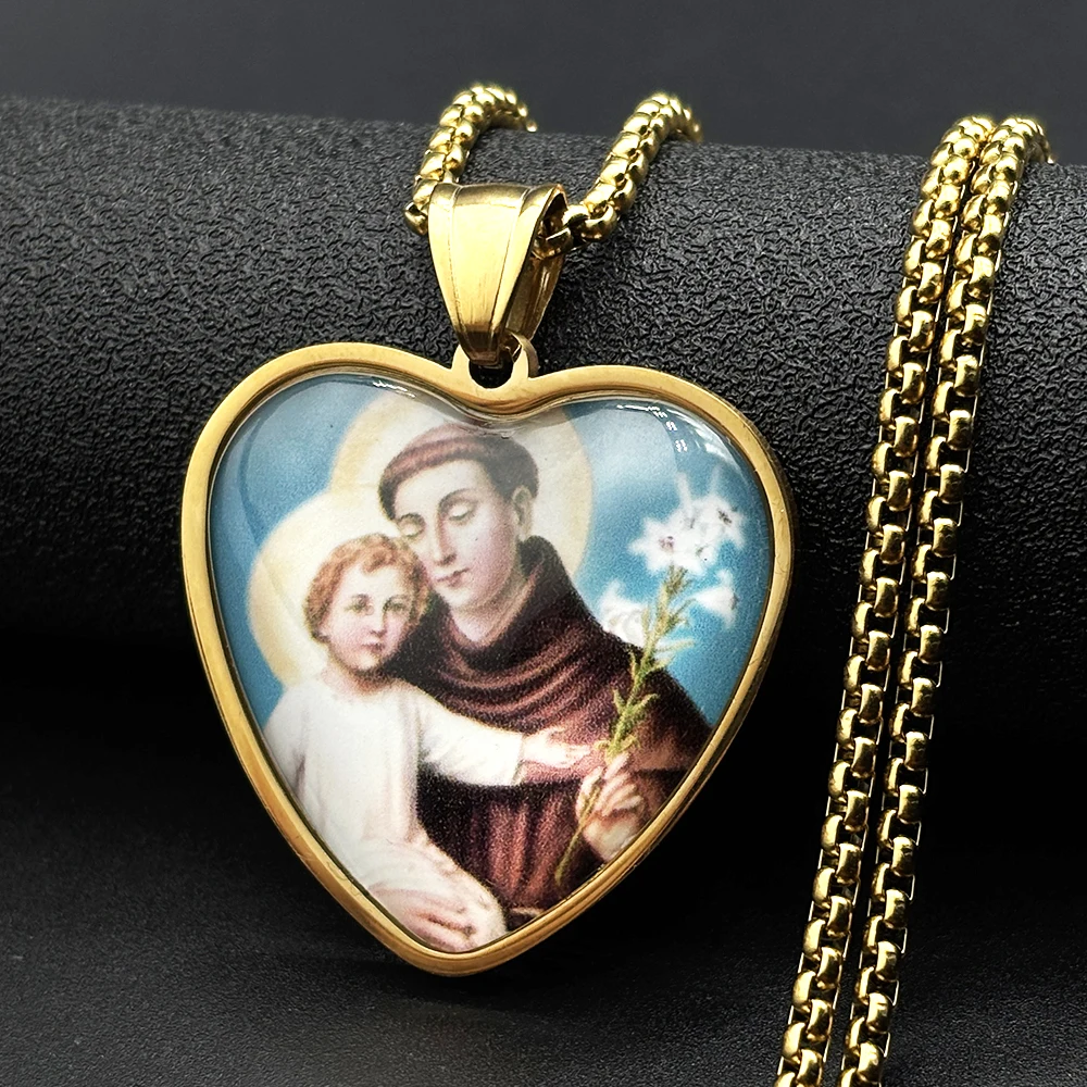 Catholic Saint Anthony of Padua Hold Christ Child Lily Heart Pendant Necklace Stainless Steel Gold Plated Amulet Chain Jewelry view 3