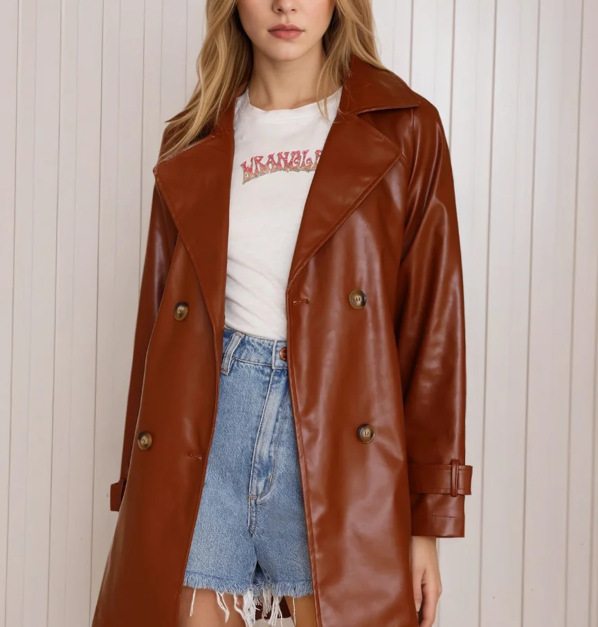 

Classic autumn and winter women's handsome leather jacket with a lapel waistband and slim fit double breasted long leather jacke