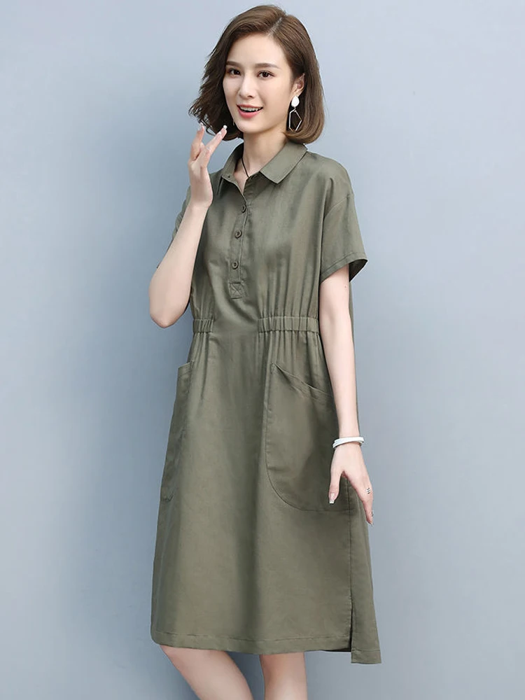 Summer Vintage Dresses for Women 2024 New Casual Loose Cotton Polo Collar Short Sleeve Office Lady Pleated Dresses Vestidos