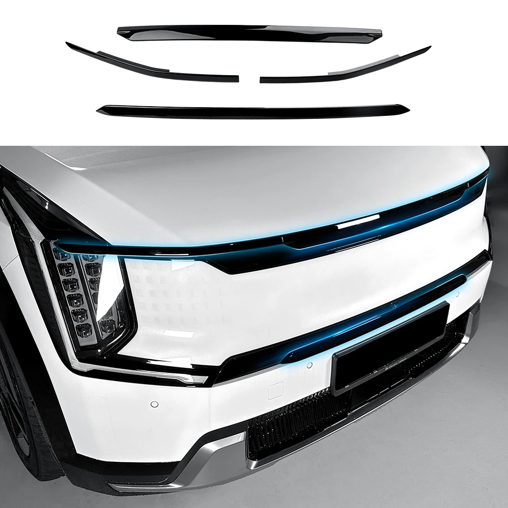 

For Kia EV9 4 PCS Auto Carbon Fiber Piano Black Exterior Front Bumper Mesh Decorative Stripes Mouldings LHD RHD