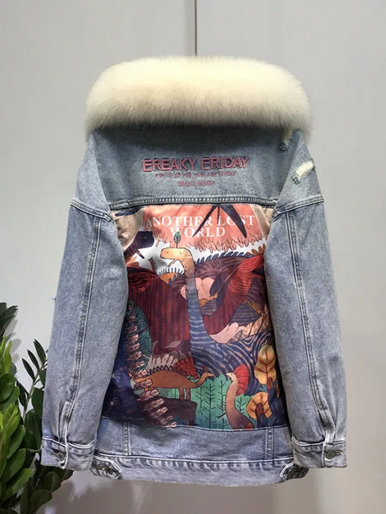 Winter Dikker Warme Vrouwen Vos Bontkraag Single Breasted Jas Wollen Voering Denim Bovenkleding Brede Taille Mid Lengte Vrouwelijke Jas