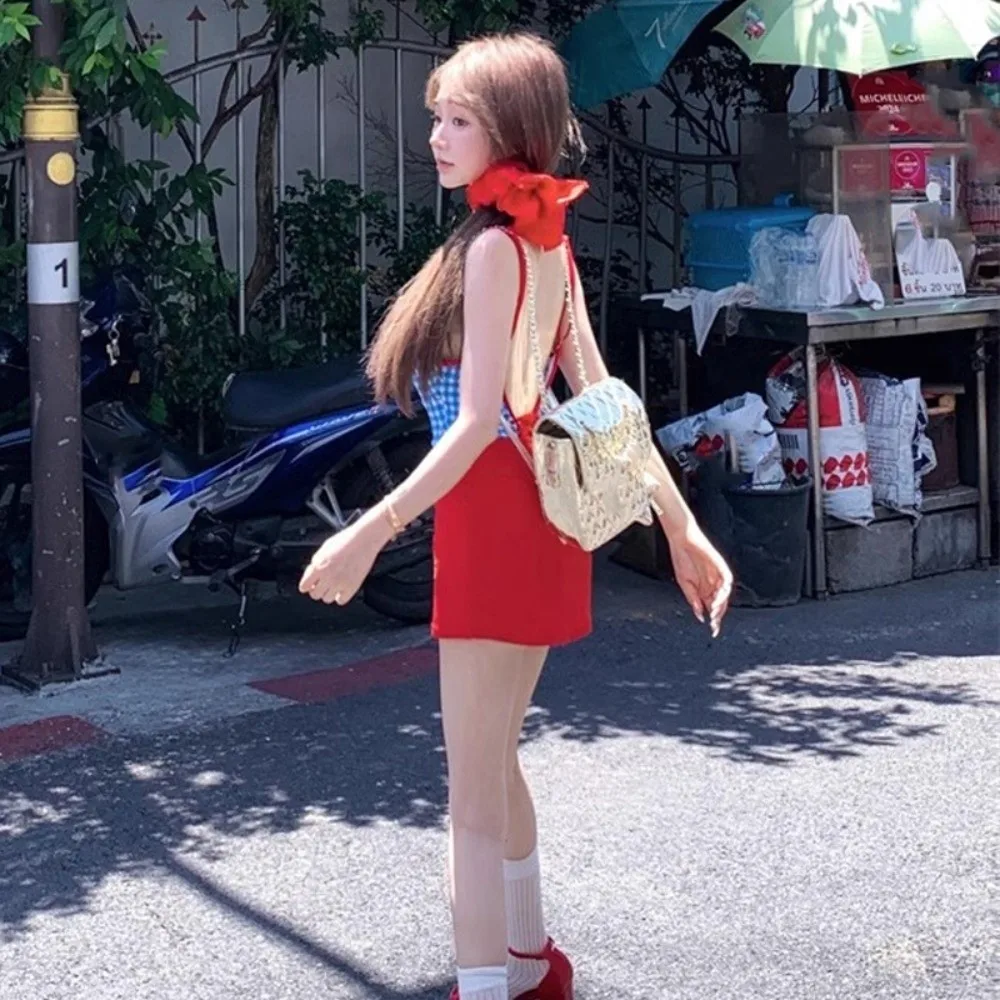 

Утягивающий дизайн, клетчатый купальник, консервативный стиль, юбка с открытой спиной, купальный костюм с зубчатой оправой, свежий купальник, комплект бикини