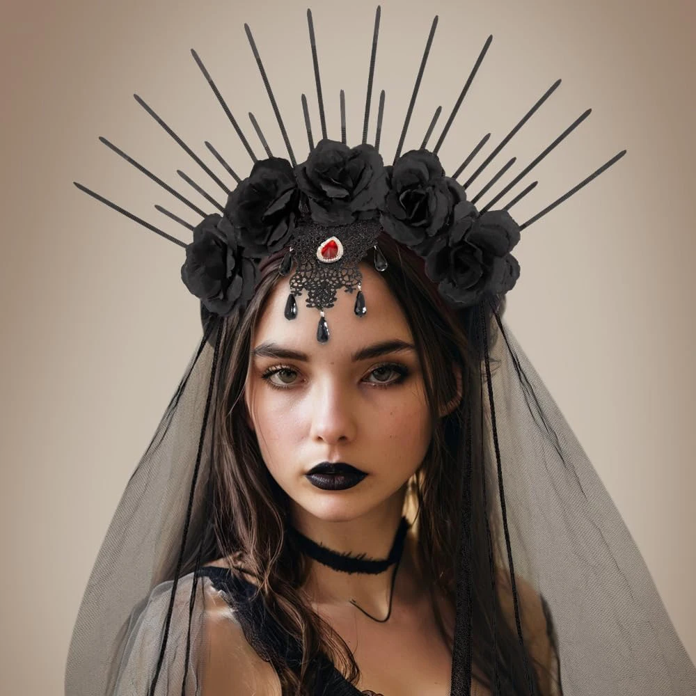 할로윈 파티 여왕 꽃 Hairhoop 레트로 메쉬 할로윈 머리띠 라인 석 고딕 베일 로즈 긴 신부 헤어 밴드 유령의 집