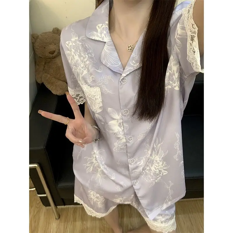 بيجامة نسائية مكونة من قطعتين ملابس نوم من الساتان المرقعة بالدانتيل بدلة نوم نسائية مثيرة بدون أكمام شورت علوي ملابس نوم للاستلقاء