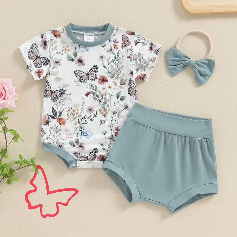 

Baby Girls 3Pcs Summer Outfit Short Sleeve Butterfly Print Romper + Shorts + Headband Set Newborn Clothes 0-18M