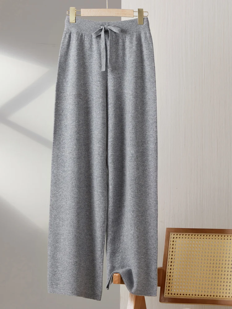 2025 New Women's 100% Merino Wool Knitted Wide Leg Pants Autumn Winter Basic Soft Cashmere Knit Trousers Casual Drawstring Style