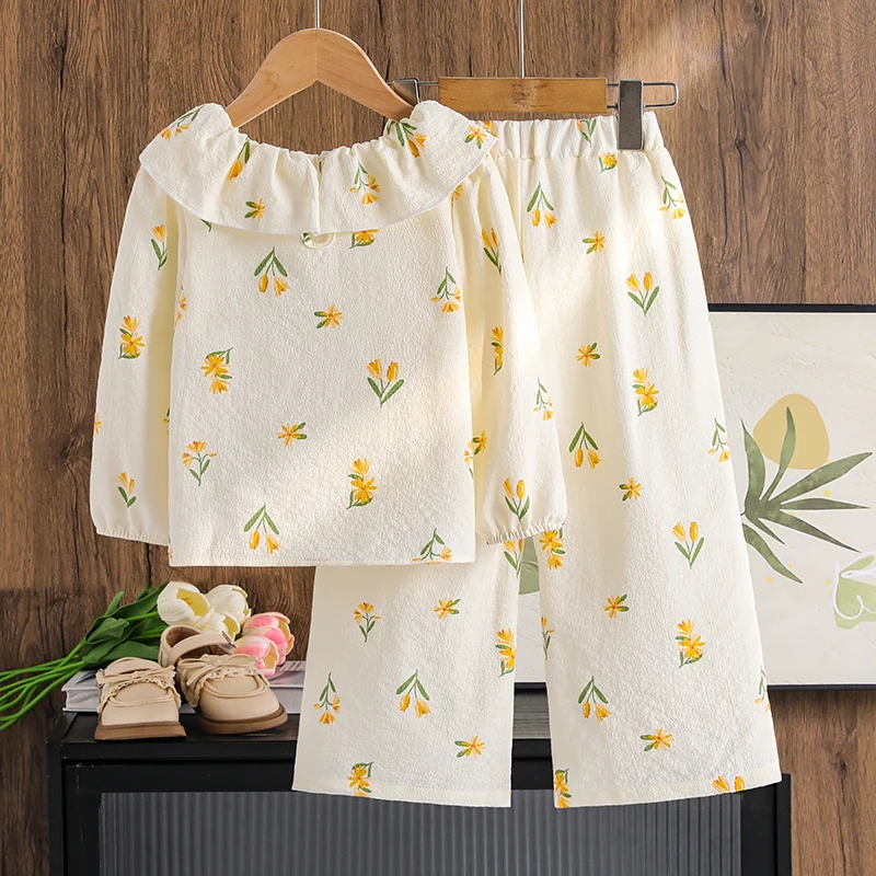 2025 جديد الخريف 2 قطعة بدلة الاطفال بلون الأصفر طباعة دمية طوق كم طويل بلوزات وسراويل للفتيات 4-7 سنوات نمط الحلو #2