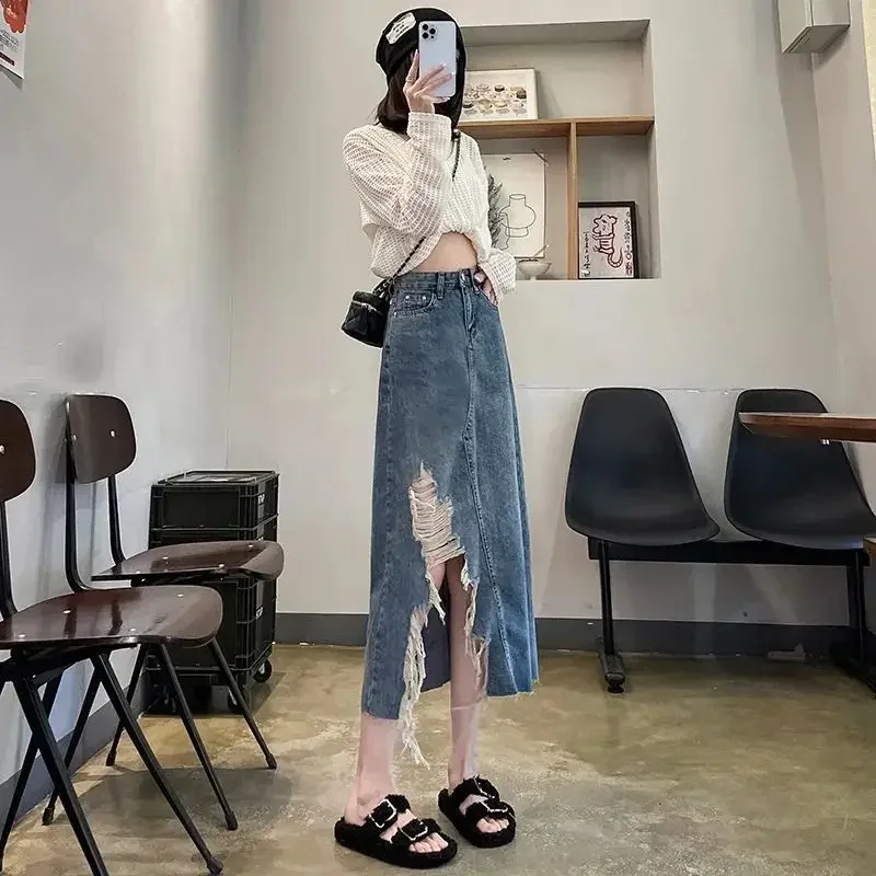 Jupe en jean femme bleue déchiré taille haute Vintage V élégant pas cher Premium Style coréen été 2025 mode jupes en jean pour les femmes