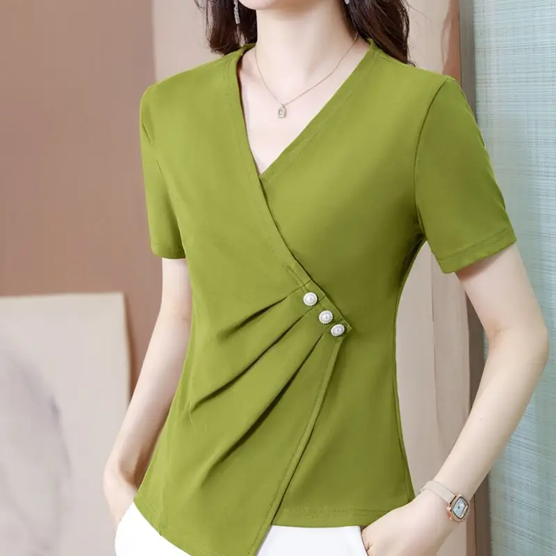 Summer Korean Fashion Simple Asymmetrical Versatile Short Sleeve T-shirt Women Solid Cross V-neck Beading Office Lady Cotton Top