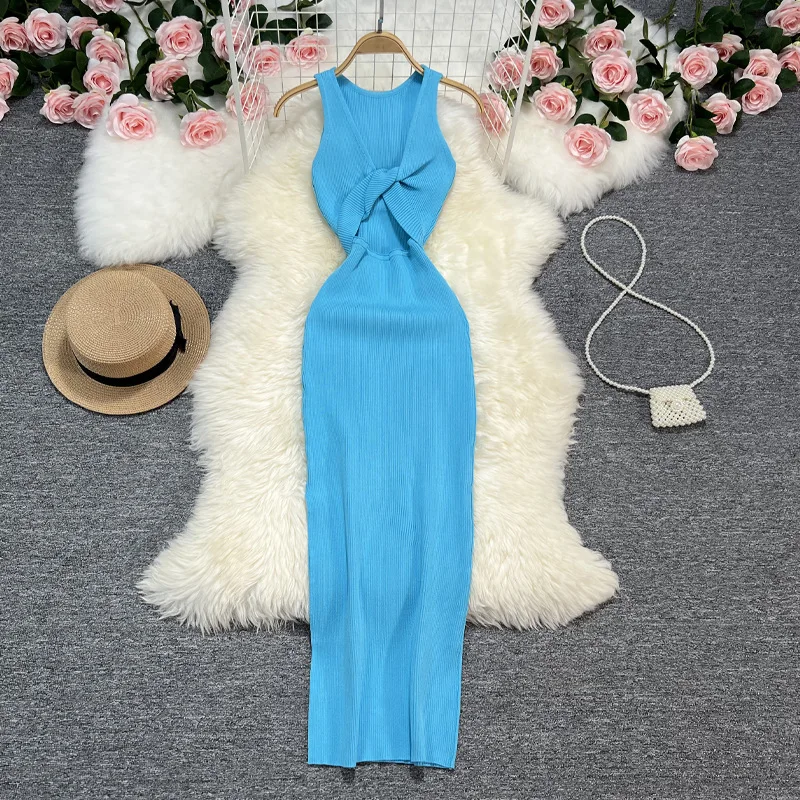 Summer Sleeveless Solid Knit Casual Evening Dress Women High Waist Midi Sheath Dress Ladies Y2k Dresses Women Clothes