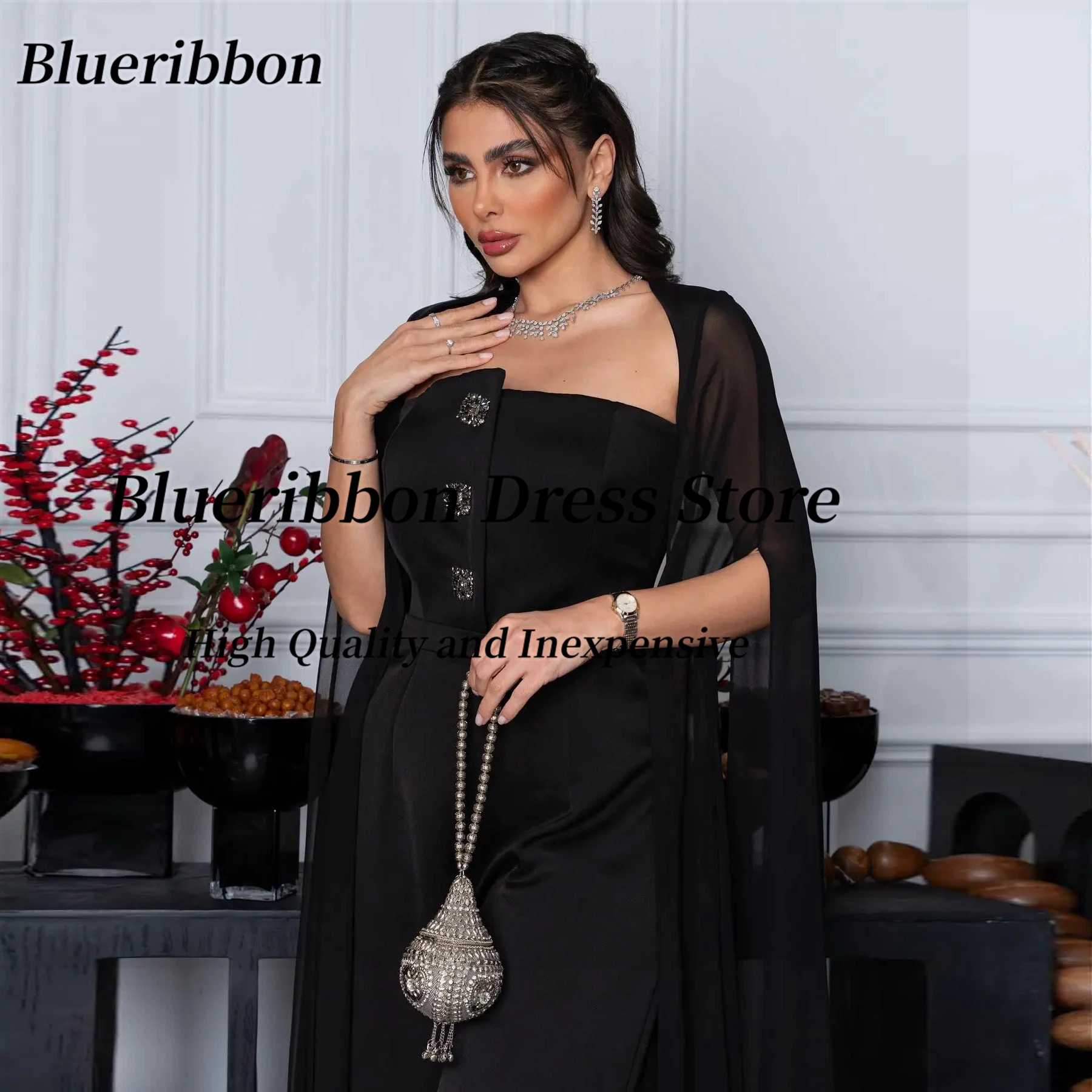 Blueribbon Bespoke Black Jumpsuits for Evening Party Strapless Buttons Long Prom Dresses Chiffon Shawls Formal Gowns Pant Suits