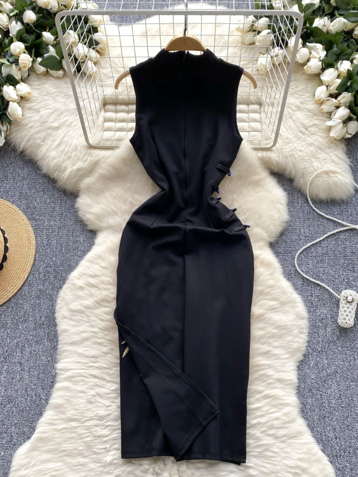 Vestido Bodycon Estampado F Estilo Tang Retrô Chinês com Botões, Fenda Lateral, Gola Alta e Sem Mangas, Efeito Emaec...