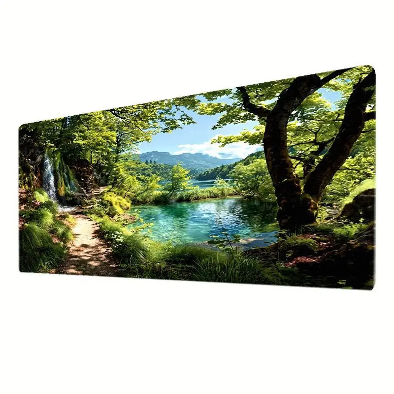 Nature Scenery Mouse Pad Sunshine Forest Trail Design Suitable for E-Sports/Desk Flowing Stream And Green Trees desk accessories