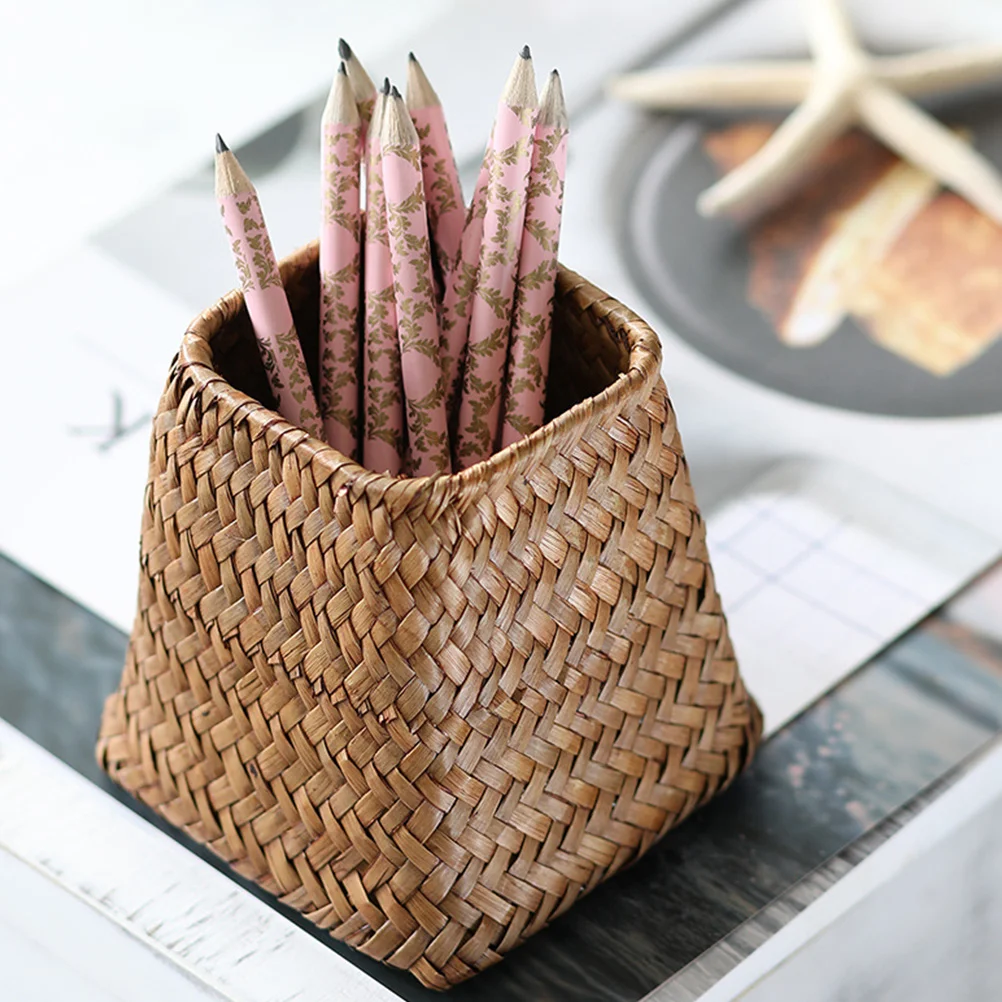 Braided Vase Pen Holder Decorative Woven Household Pencil Storage Container Sundries Basket Rattan Fruit Handmade Brush Seaweed