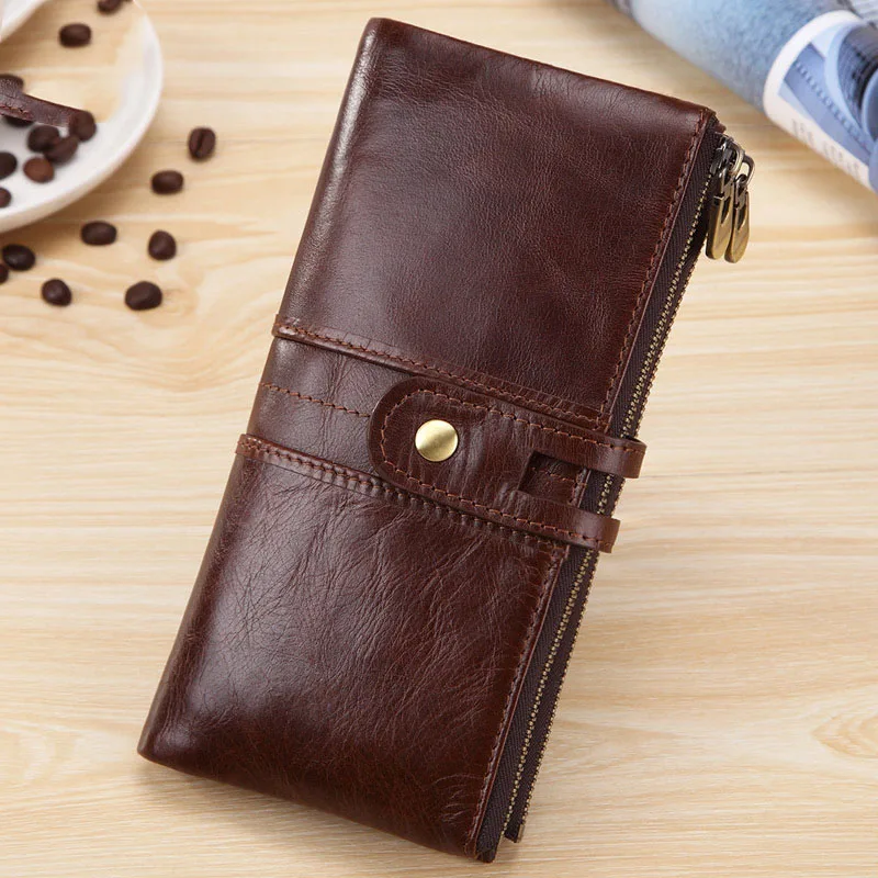 

Men's Long Wallet Genuine Leather Double Zipper Cartera Business ID Card Holder Clutch Carteira Hombre for Male Purse Handbag