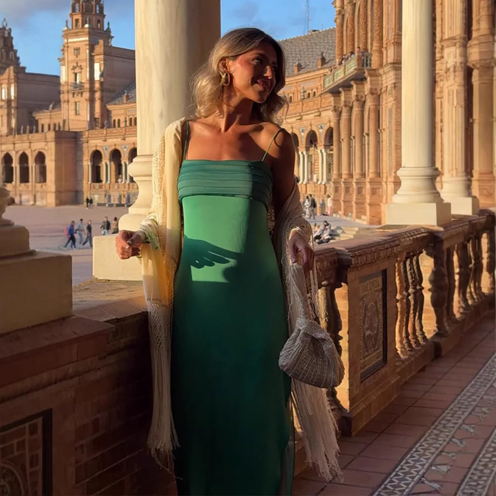 Elegant Color Block Suepander Maxi Dress Sleeveless Halter Spaghetti Strap Satin Dresses 2025 New Summer Lady Party Streetwear