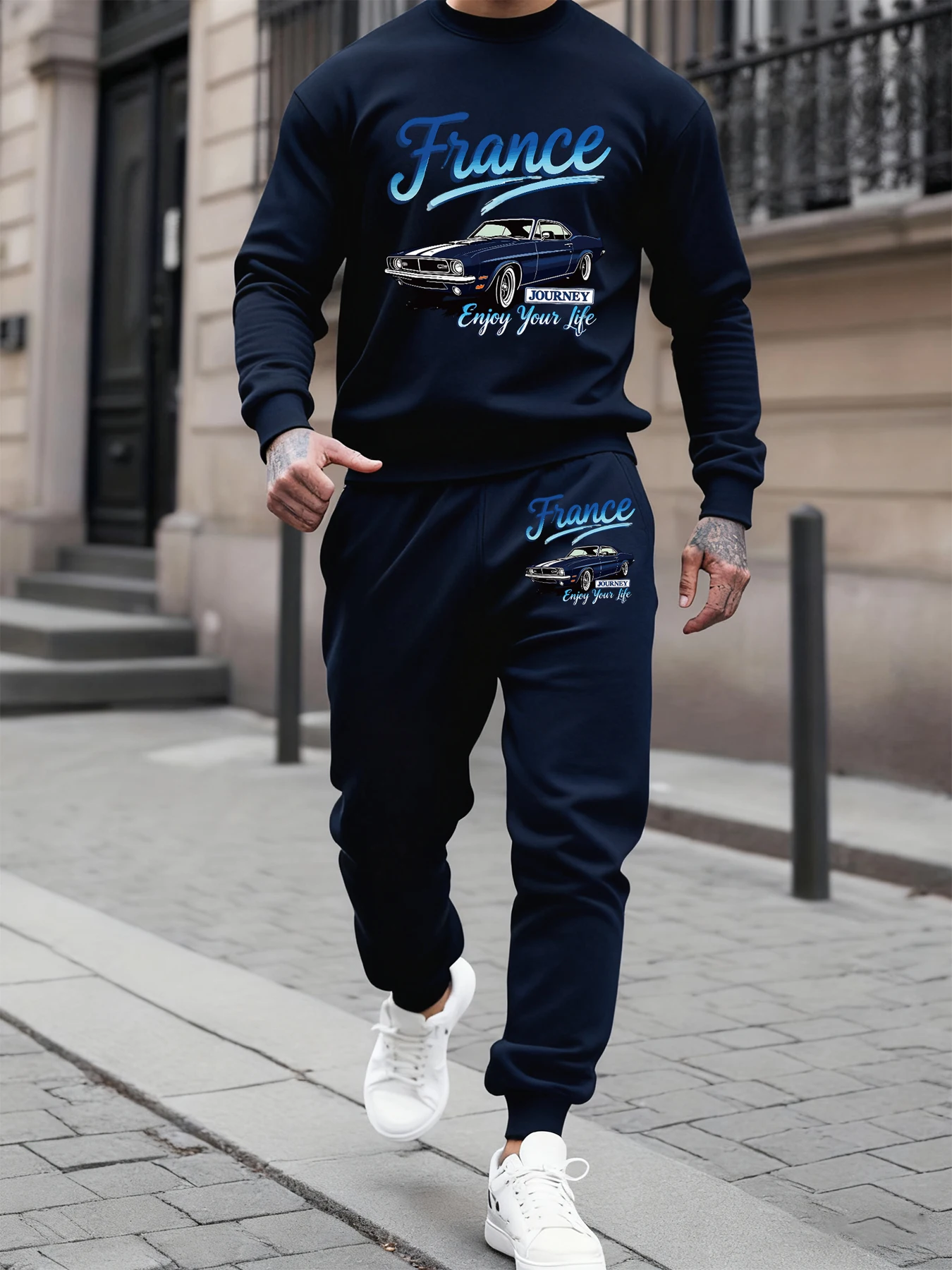 

Франция Наслаждайтесь вашим жизнью Ретро автомобильные принты Мужская толстовка Костюм Уличные мягкие спортивные штаны в стиле хип-хоп Повседневный осенний спортивный костюм Комплект из 2 предметов