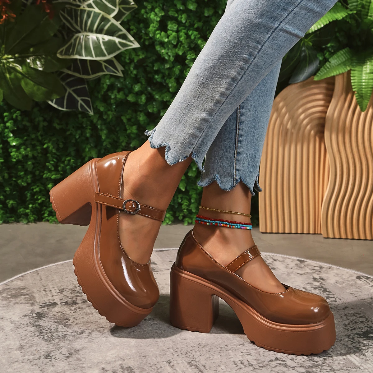 Super High Heels Mary Janes Shoes Woman Chunky Platform Ankle Strap Pumps for Women Autumn 2023 Patent Leather Heeled Shoes