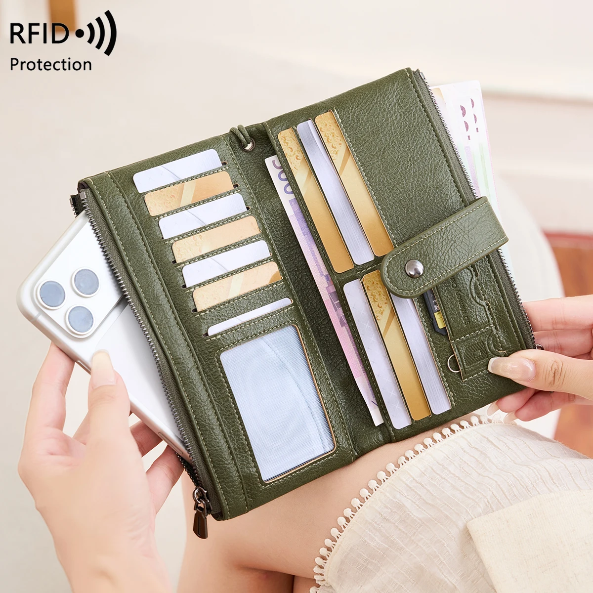 New RFID anti-theft bi-fold long wallet stylish large capacity credit card holder minimalist women's clutch with wrist strap
